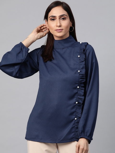 plusS Women Navy Blue Solid Top