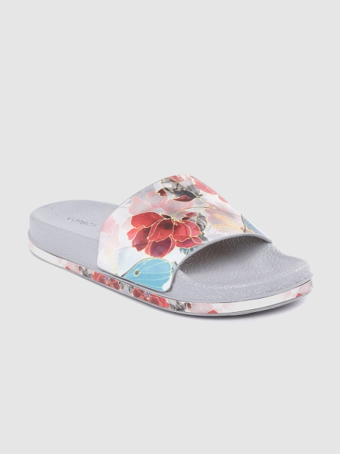 CORSICA Women Grey & Red Floral Printed Slider Flip Flops