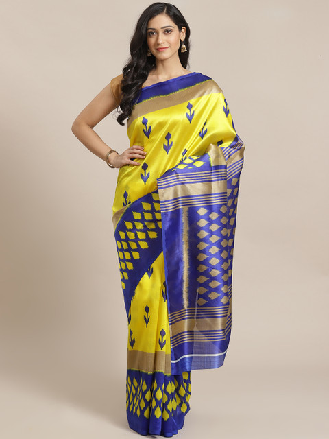 Mitera Yellow & Blue Printed Saree 
Mitera Yellow & Blue Printed Saree