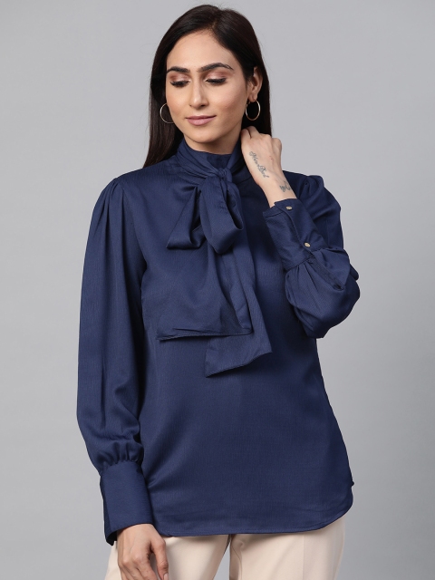 plusS Women Navy Blue Solid Top
