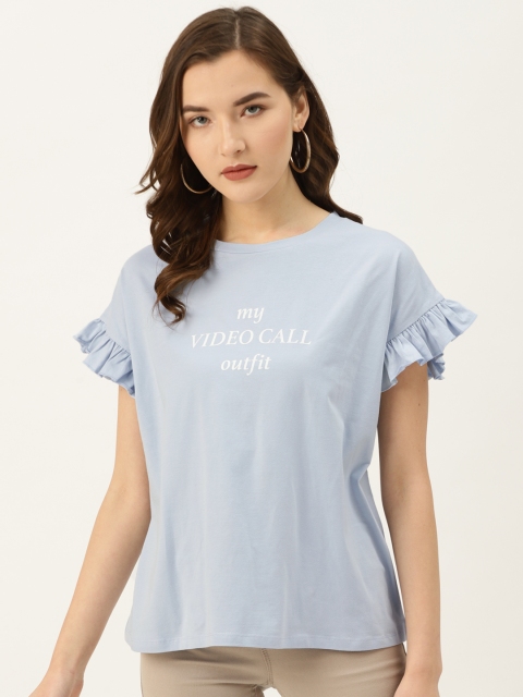 COVER STORY Women Blue Solid Round Neck T-shirt