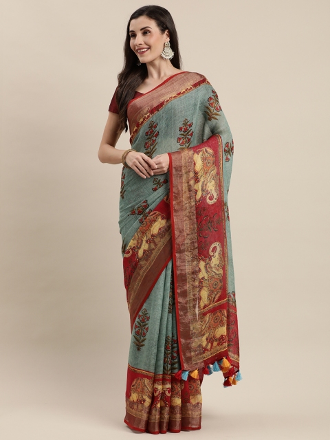 KALASATI Green & Red Pure Linen Printed Bhagalpuri Saree
