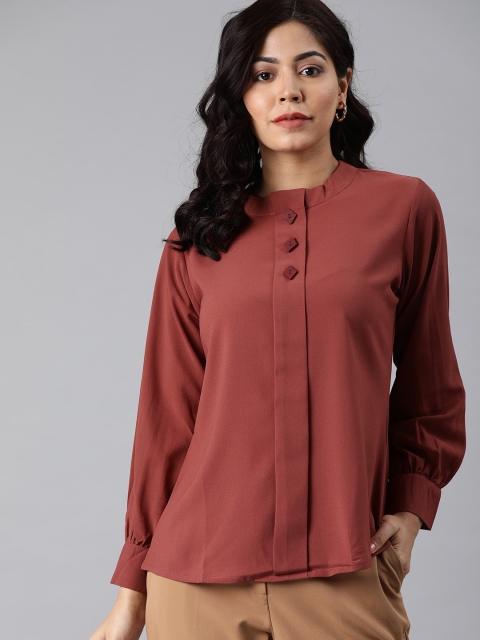 MIMOSA Women Maroon Solid Shirt Style Top