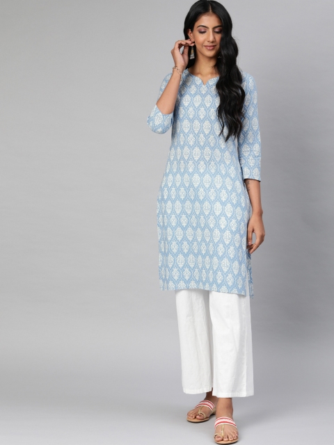 AHIKA Women Blue & Off-White Printed Straight Kurta