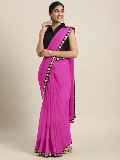 KALINI Pink Poly Chiffon Solid Saree