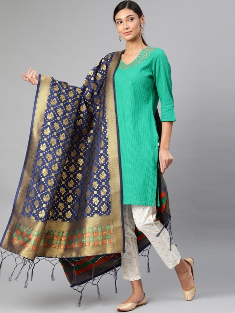 MIMOSA Navy Blue & Gold-Toned Woven Design Dupatta