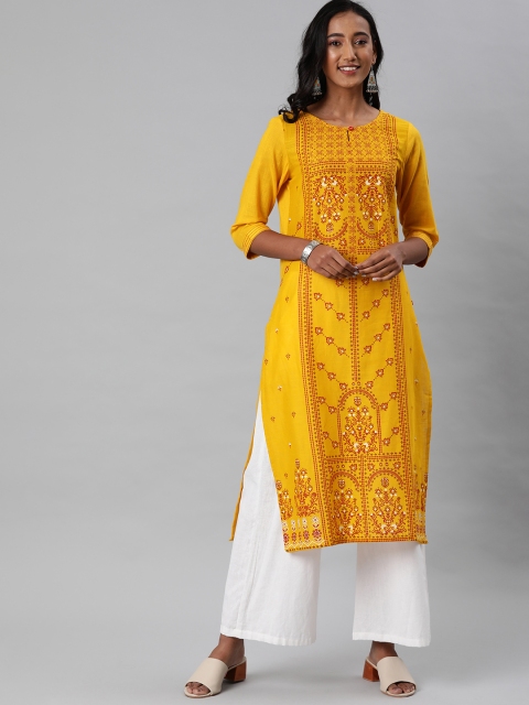 Alena Women Mustard Printed Straight Kurta
