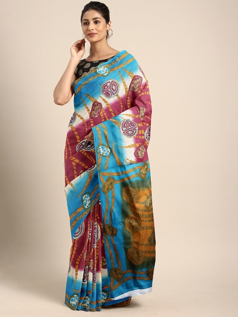 Pavechas Blue & Pink Polycotton Printed Mangalagiri Saree