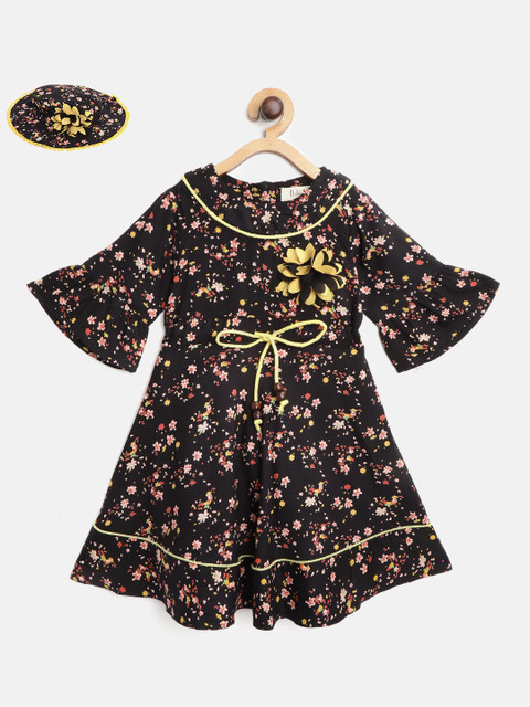 Bella Moda Girls Black & Pink Floral Print Fit and Flare Dress with Bucket Hat 
Bella Moda Girls Black & Pink Floral Print Fit and Flare Dress with Bucket Hat