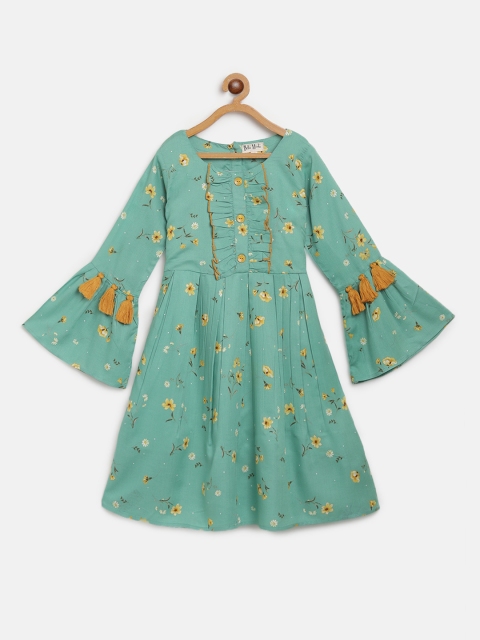 Bella Moda Girls Sea Green & Mustard Yellow Floral Printed A-Line Dress