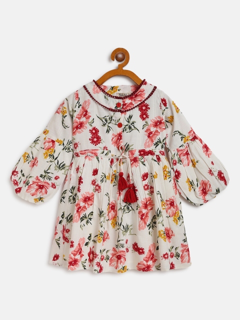Bella Moda Girls White & Pink Floral Printed A-Line Dress