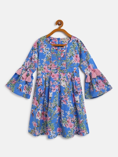 Bella Moda Girls Blue & Pink Floral Print Fit & Flare Dress