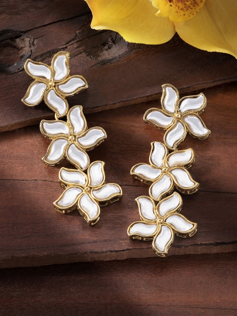 Peora Gold-Plated & White Kundan Studded Floral Drop Earrings