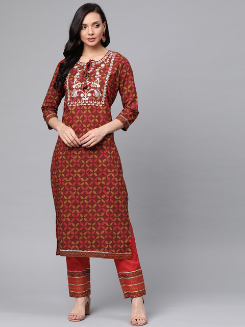 Anubhutee Women Maroon & Mustard Yellow Embroidered Yoke Design Kurta with Solid Trousers
Anubhutee Women Maroon & Mustard Yellow Embroidered Yoke Design Kurta with Solid Trousers