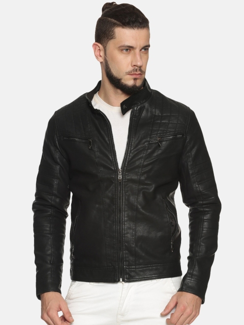SHOWOFF Men Black Solid Biker Jacket