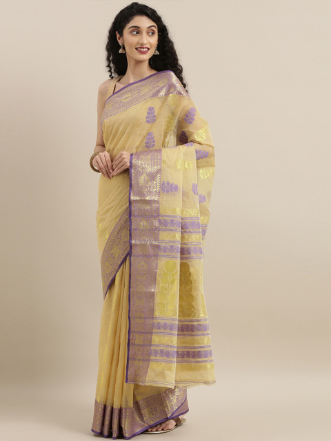 The Chennai Silks Yellow & Violet Pure Cotton Woven Design Taant Saree 
The Chennai Silks Yellow & Violet Pure Cotton Woven Design Taant Saree