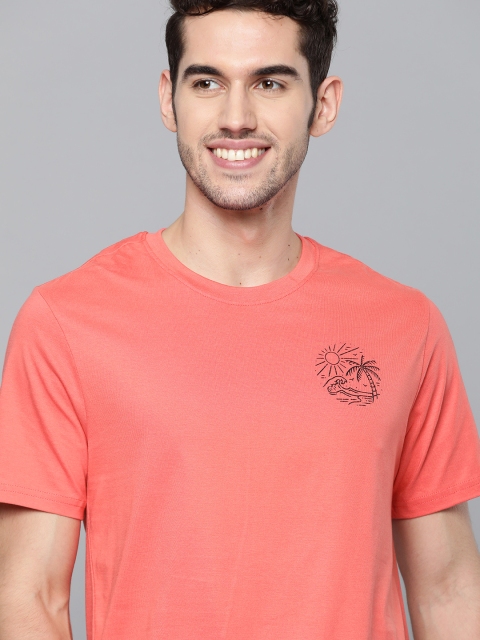 Mast & Harbour Men Coral Orange Solid Round Neck T-shirt