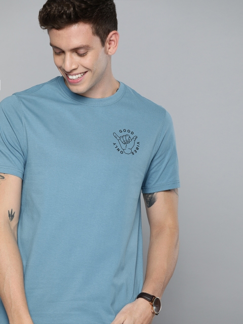 Mast Harbour Men Blue Printed Round Neck Pure Cotton T-shirt