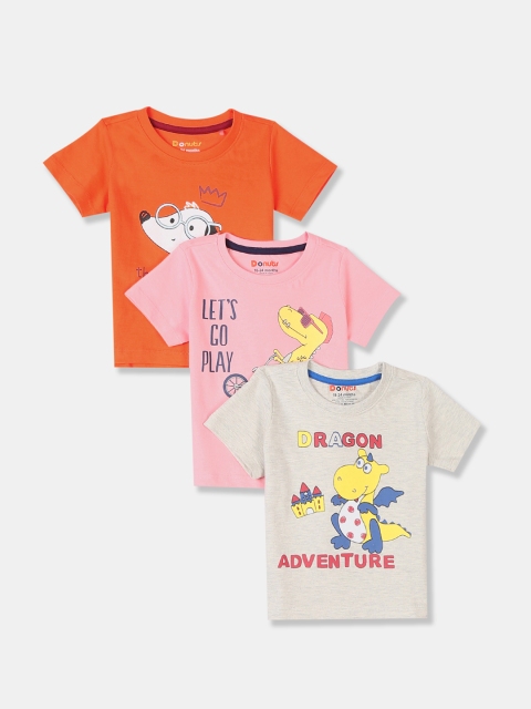 Donuts Boys Pack Of 3 Printed Round Neck Pure Cotton T-shirt, White