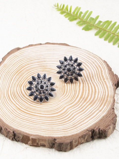 AccessHer Black Oxidized Silver-Plated Studded Oversized Floral Studs