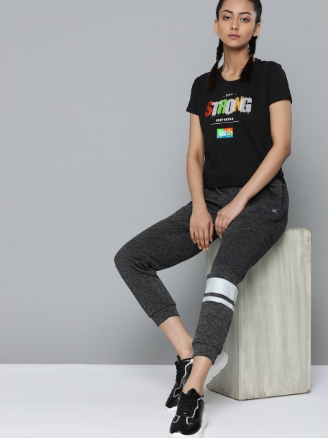 HRX By Hrithik Roshan Women Jet Black Typographic Bio-Wash Lifestyle Tshirt