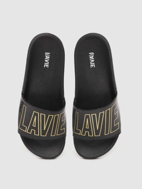 Lavie Women Black & Gold-Toned Brand Logo Print Sliders