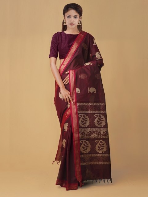 Unnati Silks Maroon Pure Cotton Woven Design Uppada Saree