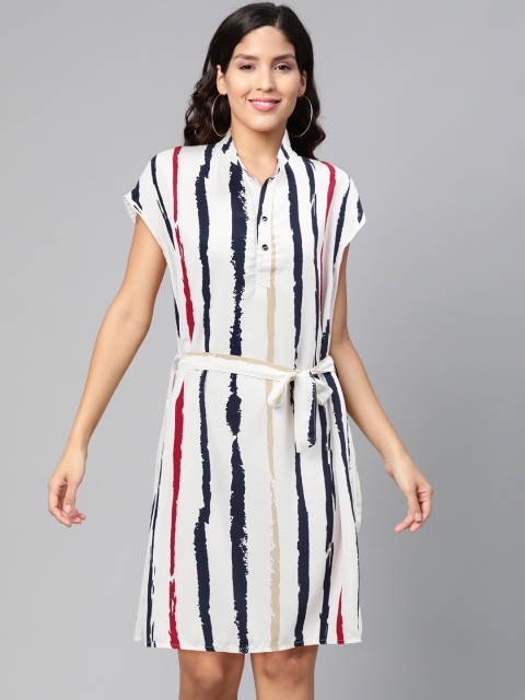 JC Collection Women White & Navy Striped Shift Dress