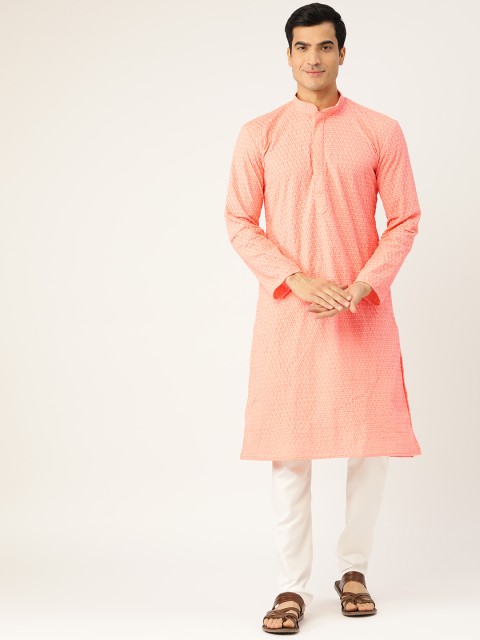 RAJUBHAI HARGOVINDAS Men Peach-Coloured & White Chikankari Embroidered Kurta with Churidar
RAJUBHAI HARGOVINDAS Men Peach-Coloured & White Chikankari Embroidered Kurta with Churidar