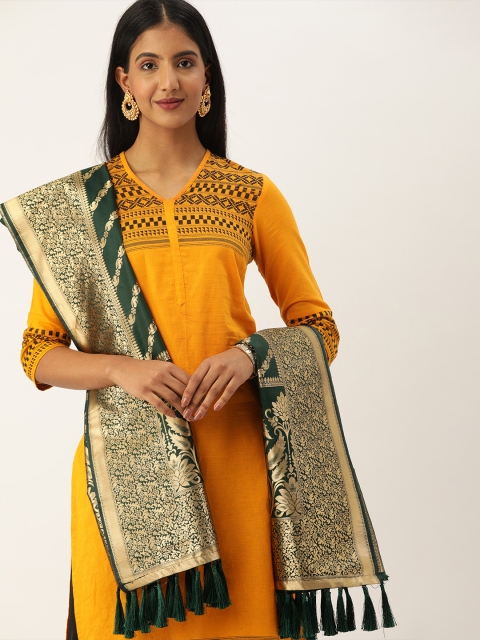 VASTRANAND Green & Gold-Toned Woven Design Dupatta