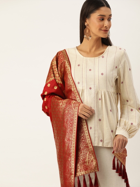VASTRANAND Red & Gold-Toned Woven Design Dupatta