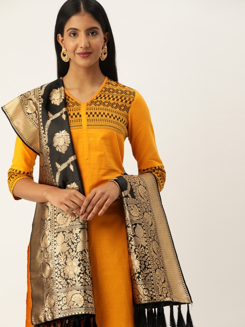 VASTRANAND Black & Gold-Toned Woven Design Dupatta