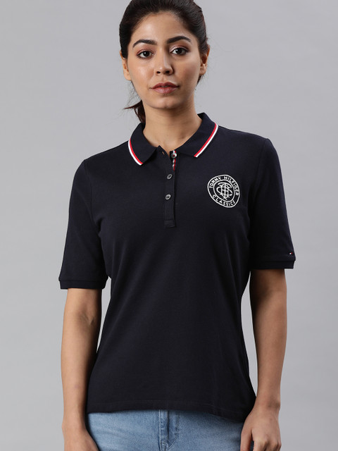 Tommy Hilfiger Women Navy Blue Solid Polo Collar T-shirt with Embroidery
Tommy Hilfiger Women Navy Blue Solid Polo Collar T-shirt with Embroidery