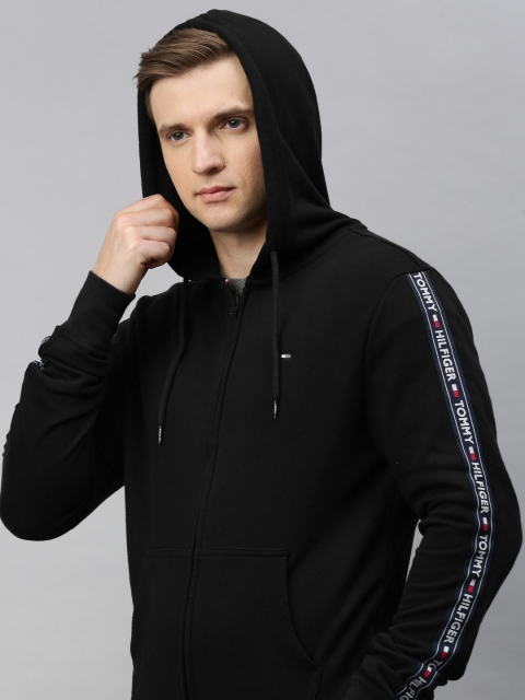 Tommy Hilfiger Men Black Solid Hooded Sweatshirt