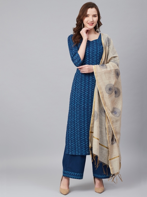 Biba Blue & Off-White Embroidered Unstitched Dress Material