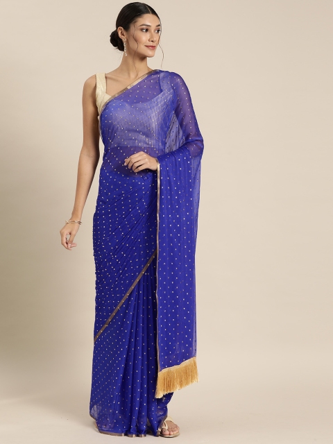 GoSriKi Blue & Golden Embellished Pure Chiffon Saree