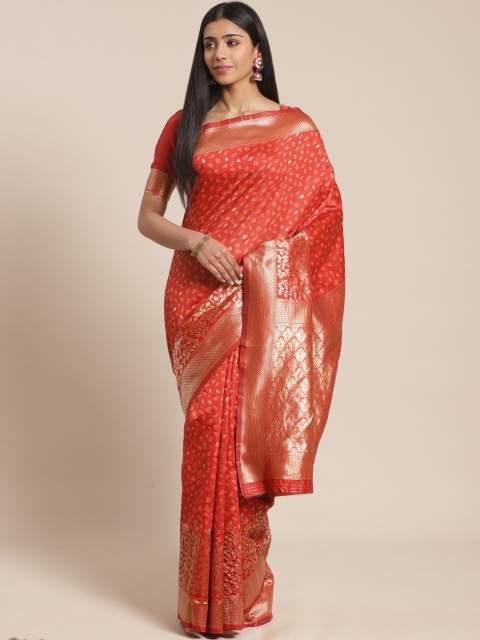 MANOHARI Maroon & Orange Woven Design Banarasi Saree