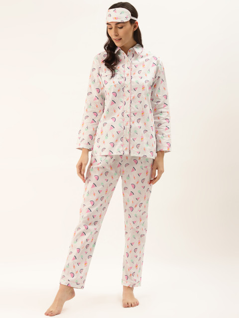 Rapra The Label Women White & Pink Quirky Printed Pure Cotton Night Suit With Eye Mask 
Rapra The Label Women White & Pink Quirky Printed Pure Cotton Night Suit With Eye Mask