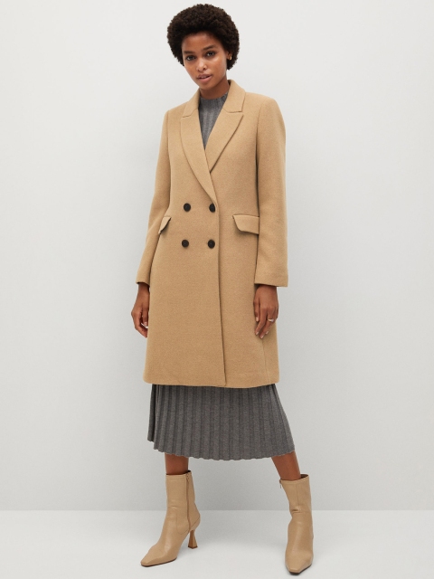 MANGO Women Beige Sustainable Double-Breasted Solid Knee Length Overcoat