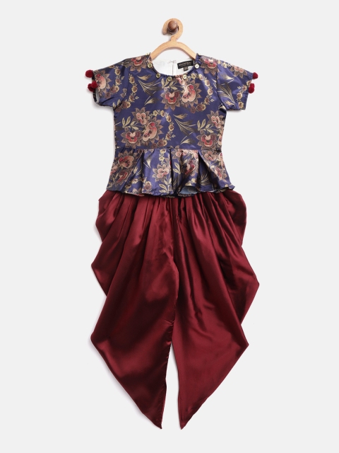 Readiprint Fashions Girls Navy Blue & Maroon Floral Printed Top with Dhoti Pants
