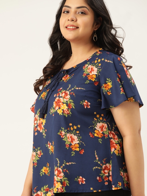 Sztori Plus Size Women Navy Blue & Yellow Floral Print Top
