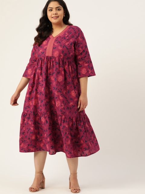 Sztori Women Plus Size Magenta & Peach-Coloured Pure Cotton Printed Empire Dress