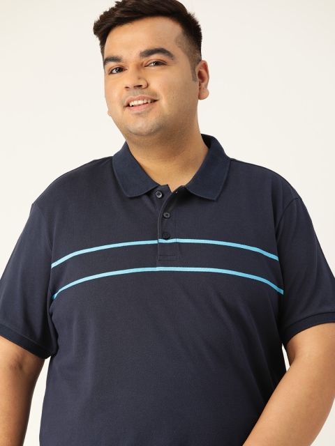 Sztori Men Plus Size Navy Pure Cotton Placement Striped Polo Collar T-shirt, Navy blue