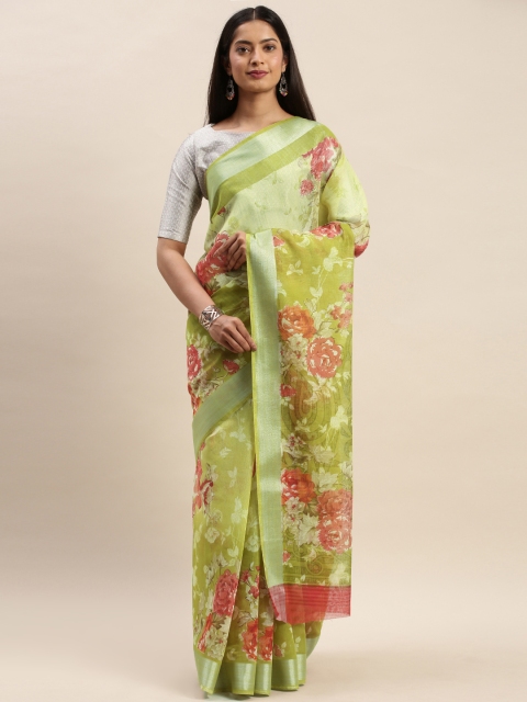 Satrani Green & Red Printed Taant Saree