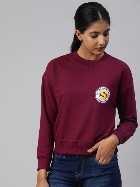 Van Heusen Woman Women Burgundy Solid Pure Cotton Sweatshirt