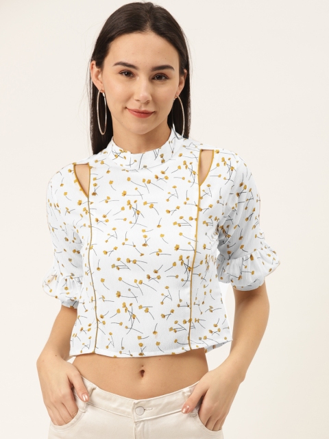 SHECZZAR Women White & Mustard Yellow Floral Printed Crop Top