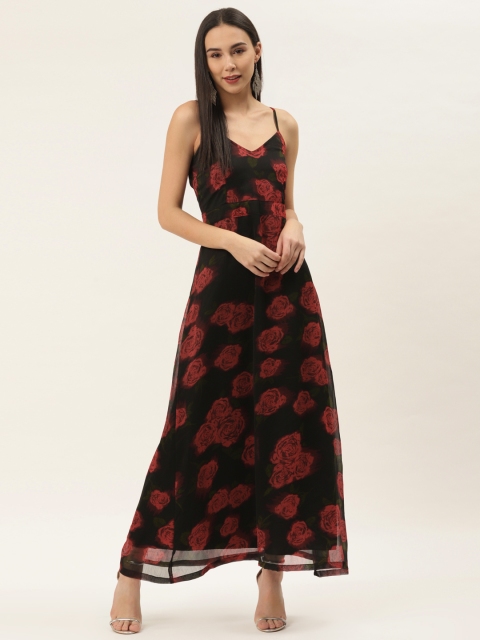 Trend Arrest Women Black & Red Floral Printed Maxi Dress