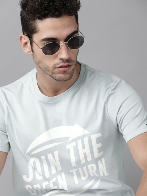 The Roadster Lifestyle Co Men Blue & White Printed Pure Cotton Green Turn Round Neck T-shirt