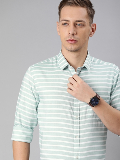 Indian Terrain Men Green & White Slim Fit Striped Casual Shirt
