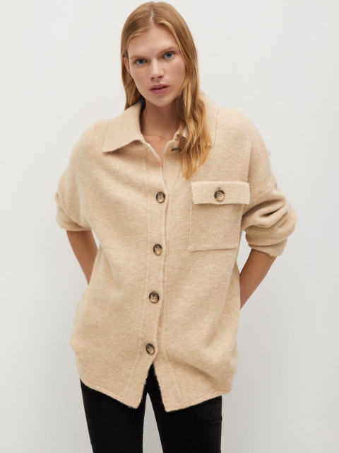 MANGO Women Beige Solid Oversized Shirt Style Cardigan